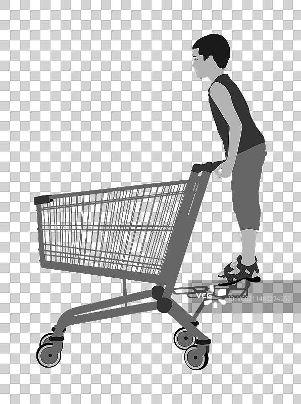 快乐的儿童坐在空购物车里玩耍图片素材