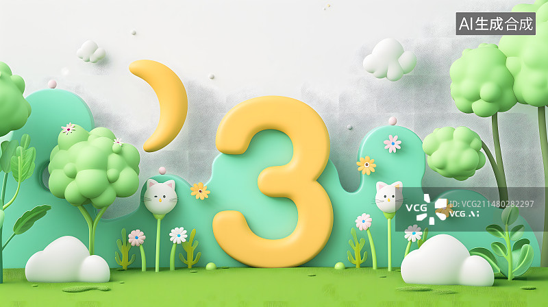 【AI数字艺术】儿童卡通数字3绿色环境场景插画图片素材
