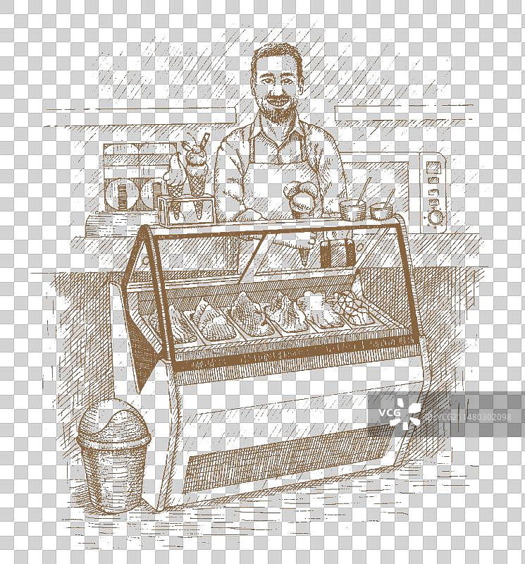 手绘售货员冰淇淋摊位图片素材