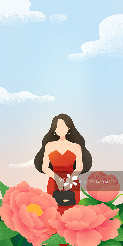 女性身穿礼服站在牡丹花丛中扁平人物插画图片素材