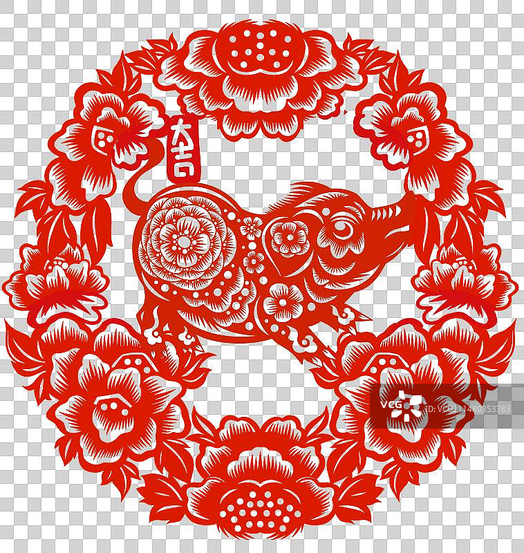 十二生肖猪年吉祥剪纸春节窗花装饰插画图片素材