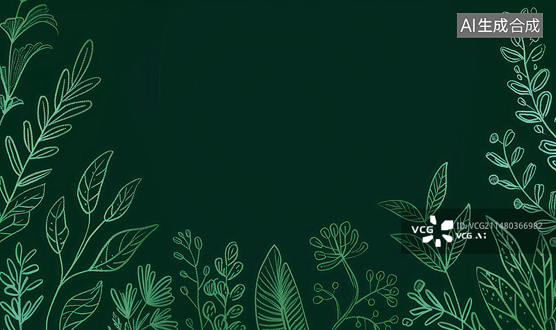 【AI数字艺术】深绿色背景，优美的细线勾勒出草本植物轮廓图片素材
