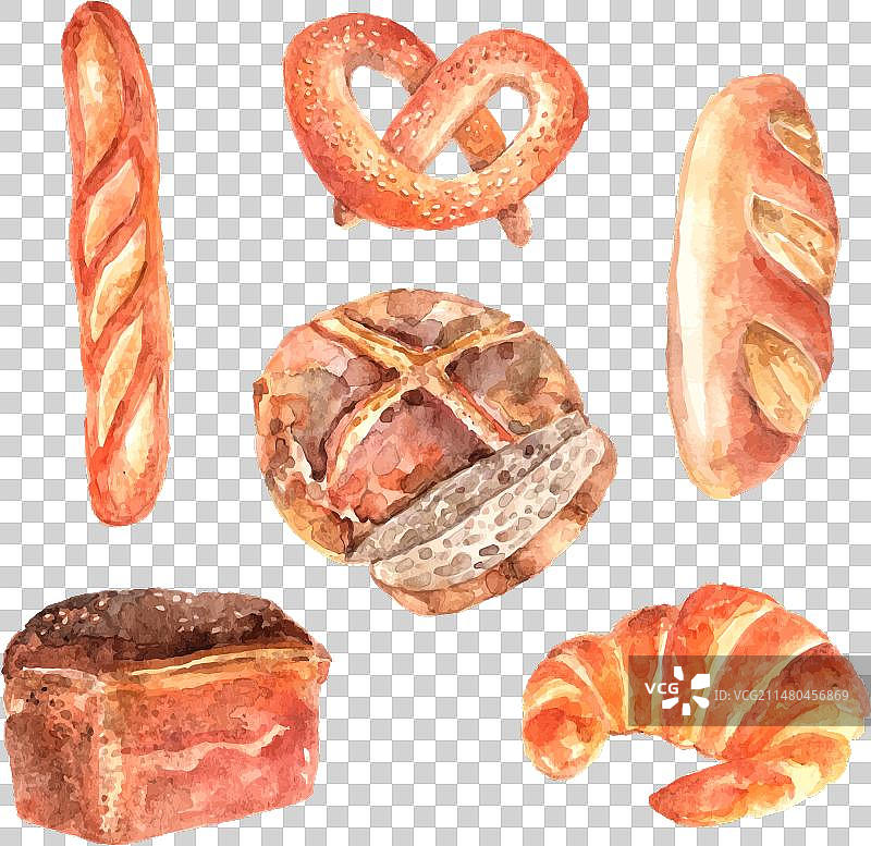 新鲜面包水彩图标集图片素材