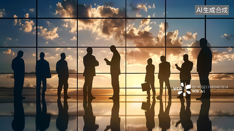 【AI数字艺术】商务人士站在全景办公室落地窗前会议图片素材