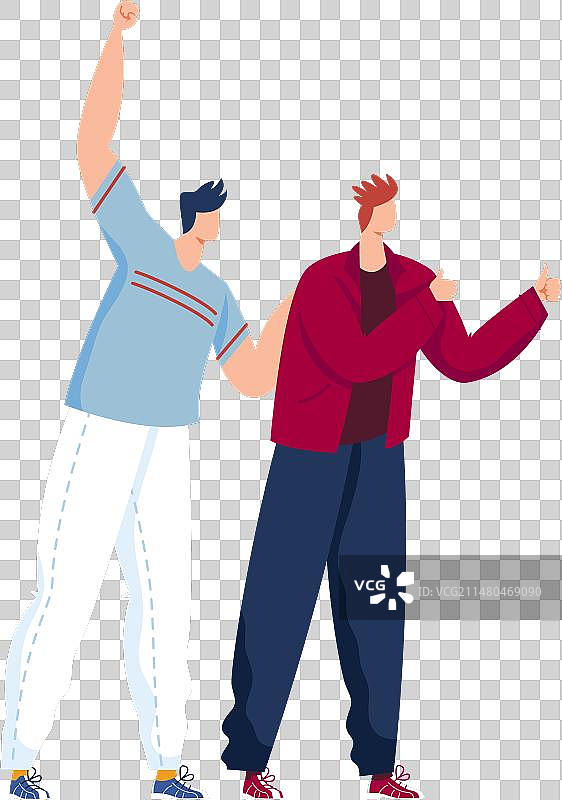 两个年轻男人庆祝，一人握拳欢呼图片素材