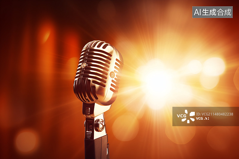 【AI数字艺术】明亮灯光下舞台上的麦克风，专业演讲采访唱歌媒体概念插图图片素材