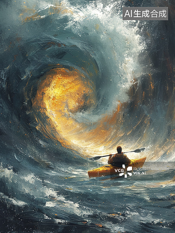 【AI数字艺术】大海中的皮划艇运动油画图片素材