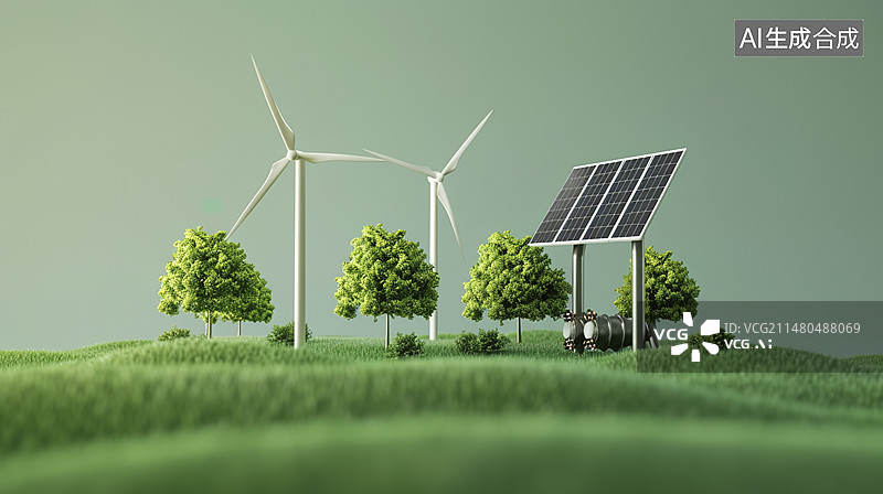 【AI数字艺术】绿色可再生能源，电力风车插画图片素材