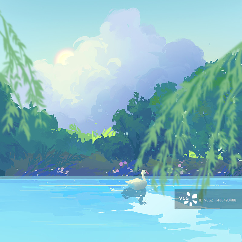 节气河水云彩树木手绘小清新治愈插画图片素材