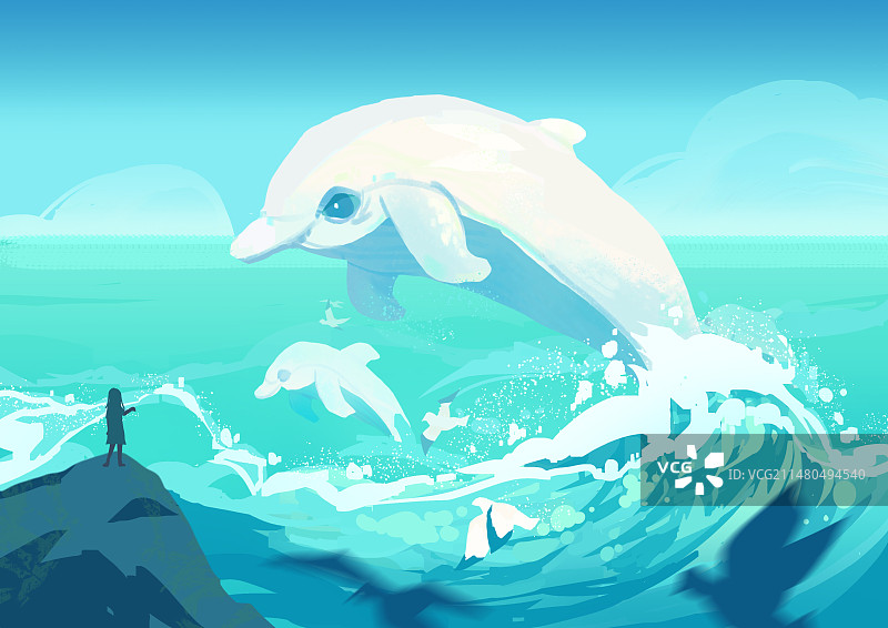 自然旅行大海海豚手绘小清新治愈插画图片素材
