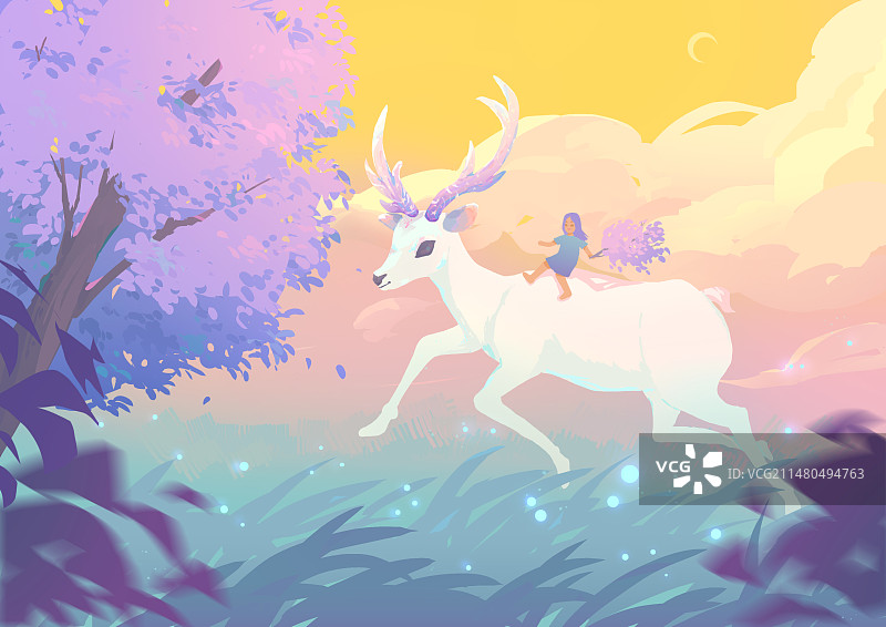 节气自然旅行鹿树云彩手绘小清新治愈插画图片素材