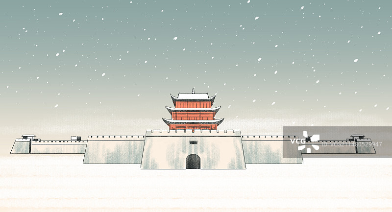 中国风新中式古风古典古文化古建筑亭台楼阁古城墙古城楼甘肃嘉峪关风景旅游景区景点宣传海报插画图片素材