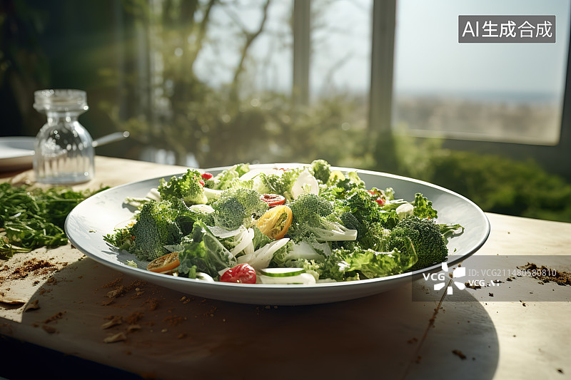 【AI数字艺术】餐桌上盘子里的沙拉的高角度视图图片素材