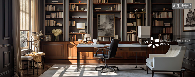 【AI数字艺术】现代风格的书房内部图片素材