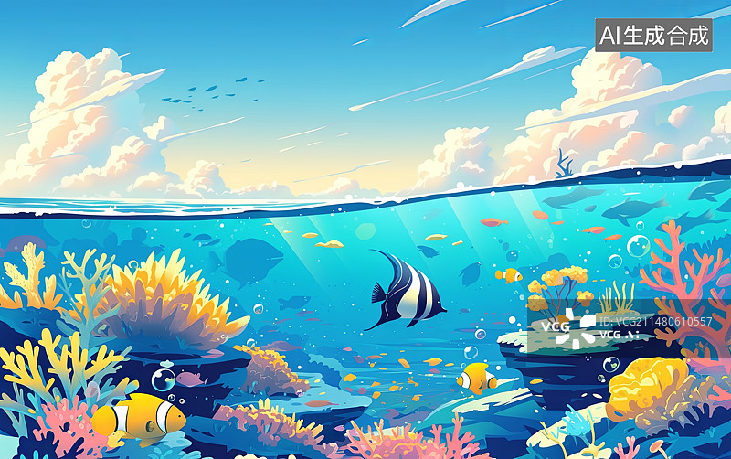 【AI数字艺术】海底热带鱼珊瑚彩色卡通插画背景图片素材