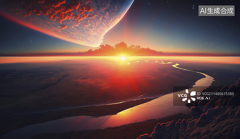 【AI数字艺术】类似外星球的日落大川大河风景图片素材