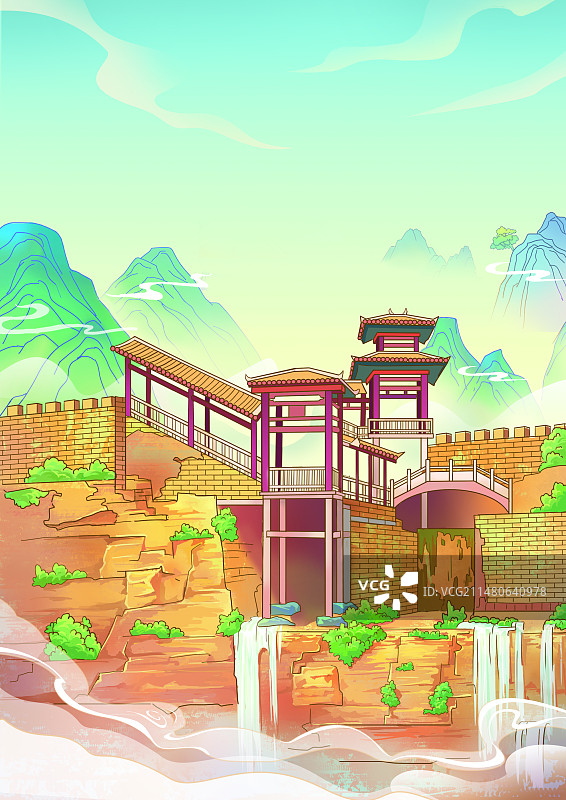 山崖上的建筑国潮插画图片素材