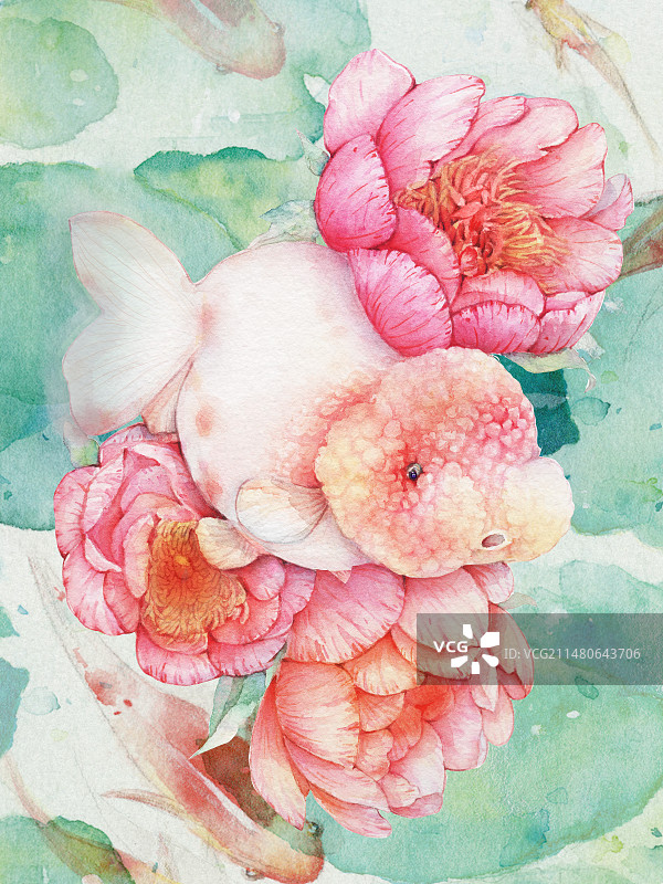 水彩手绘粉红色芍药牡丹开花春季植物兰寿金鱼的高角度视图美丽梦幻唯美插画图片素材
