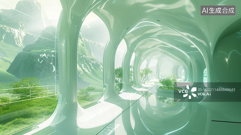 【AI数字艺术】未来感发光白色数据中心俯瞰春绿山谷图片素材
