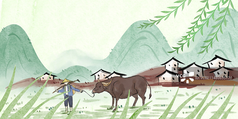 一个人在牵着牛春耕国风手绘插画横版图片素材