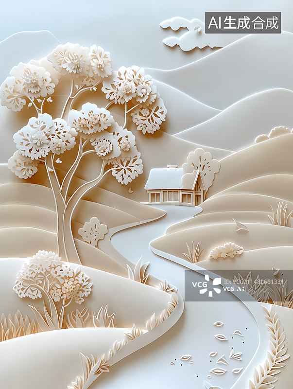 【AI数字艺术】剪纸风格一个小木屋图片素材