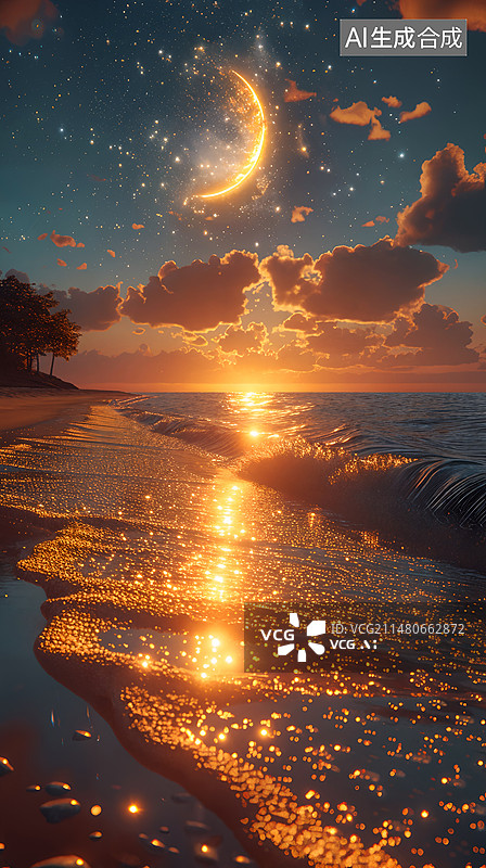 【AI数字艺术】梦幻风景月夜闪着金光的海岸图片素材