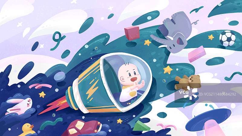 宝宝坐火箭和玩具一起冲出想象世界图片素材