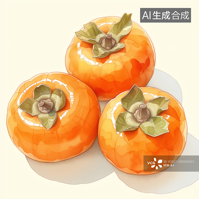 【AI数字艺术】三个成熟的柿子水果霜降节气水彩插画图片素材