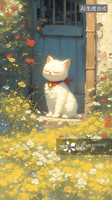 【AI数字艺术】一只白猫蹲坐门口花丛草丛二十四节气春分水彩插画图片素材