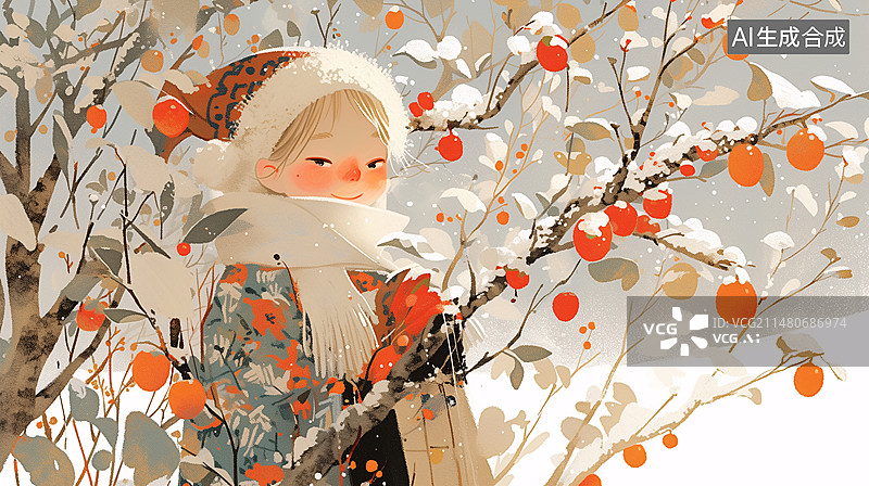 【AI数字艺术】一位少女戴着帽子围巾站在果树旁积雪二十四节气小雪水彩插画图片素材