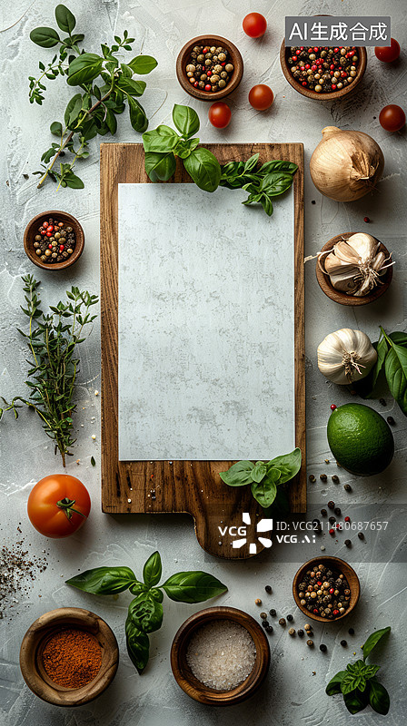 【AI数字艺术】白色背景上的空白餐厅菜单被调味料和餐具环绕，用于设计图片素材