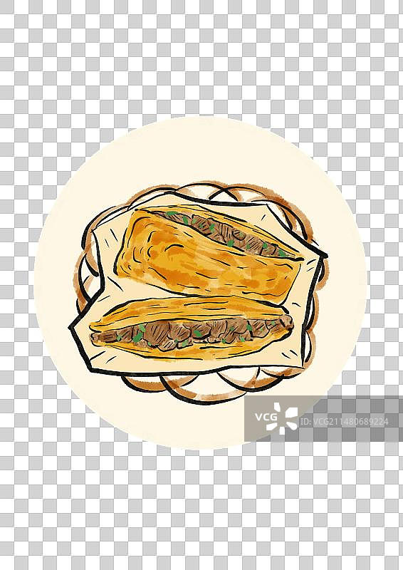 水墨风兰州美食插画-驴肉火烧图片素材