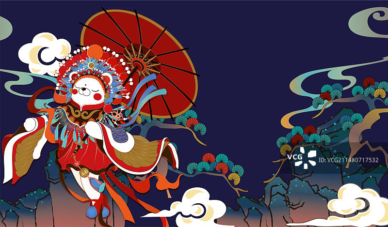 古风国潮青松祥云中的京剧熊矢量插画图片素材