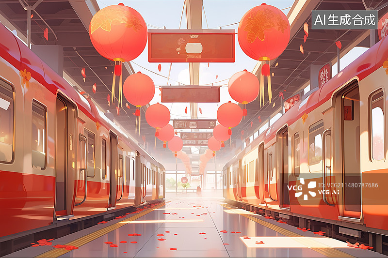 【AI数字艺术】新年春运节日氛围下的红色火车高铁插画图片素材