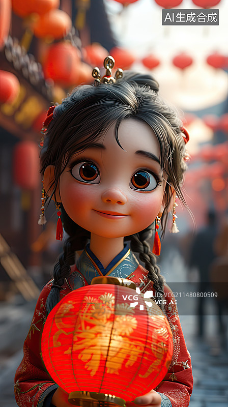 【AI数字艺术】元宵节中国小女孩穿着唐装拿着灯笼在古镇上走皮克斯风格3d图片素材