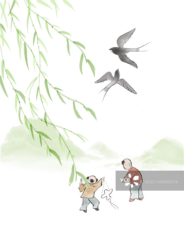 水墨二十四节气春天孩童放风筝图片素材