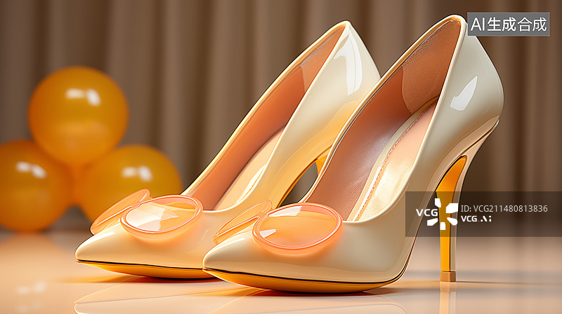 【AI数字艺术】3D杏粉色高跟鞋特写图片素材
