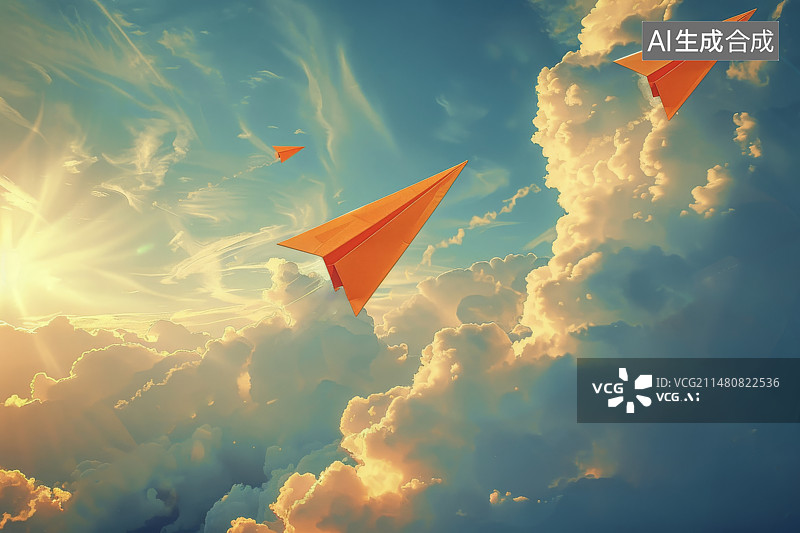 【AI数字艺术】橙色的纸飞机在云层中高速往上飞行图片素材