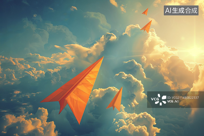 【AI数字艺术】橙色的纸飞机在云层中高速往上飞行图片素材