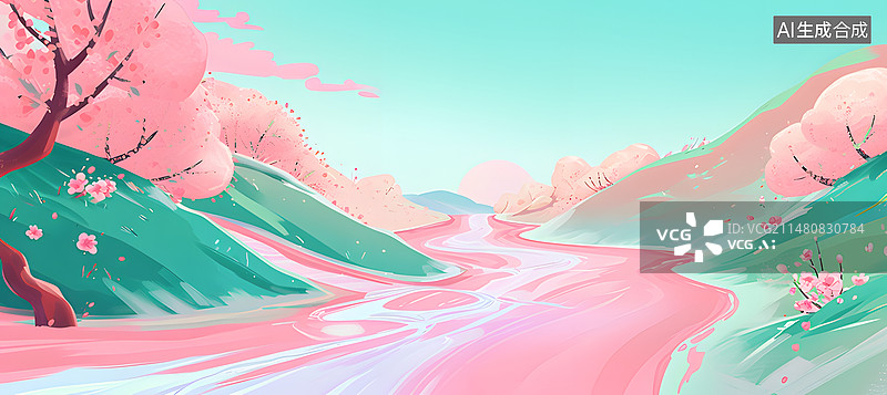【AI数字艺术】春天美丽的自然风光插画图片素材