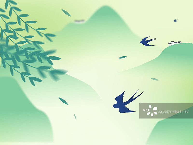 春天柳枝燕子大山房子图片素材