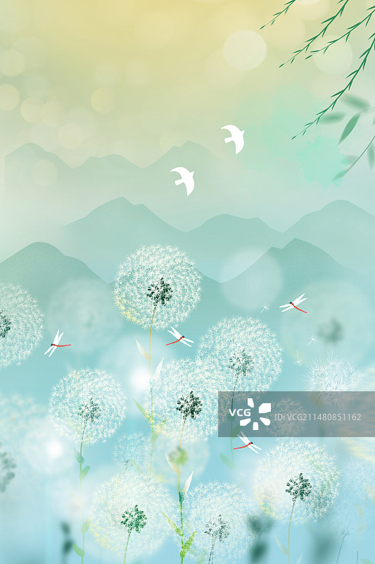 中国风二十四节气系列插画-夏天 户外风景风吹蒲公英山水垂柳画 运动模糊背景  竖版图片素材