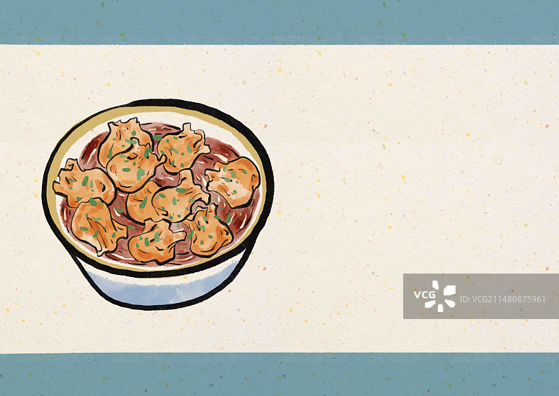 水墨风成都美食插画-红油抄手图片素材