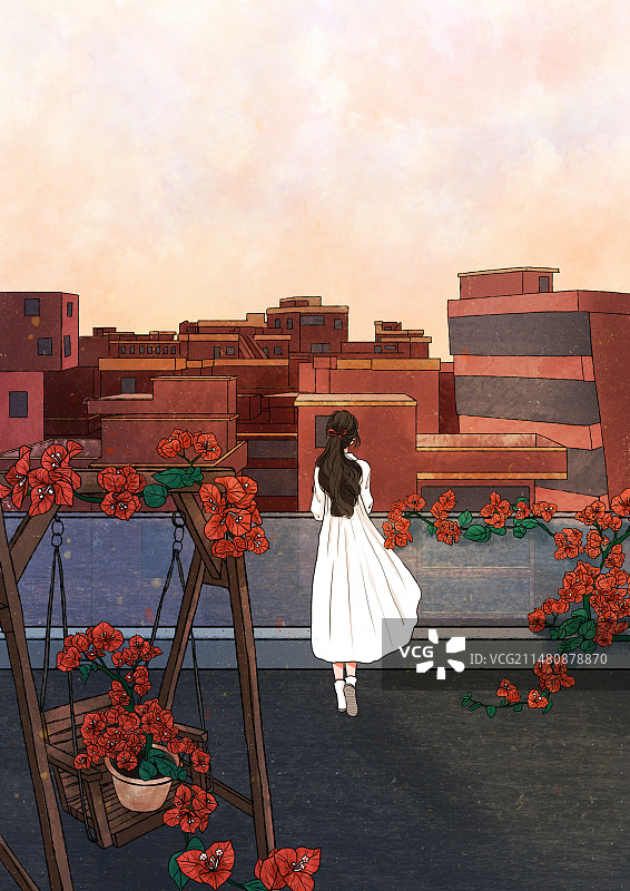 在天台上看风景的小女孩图片素材