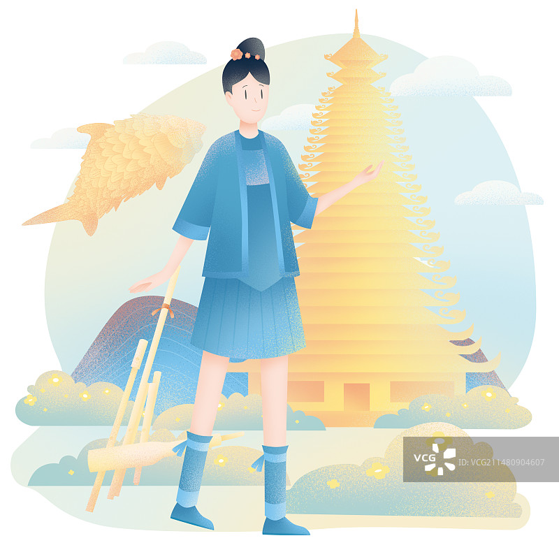 扁平风插画少数民族侗族女孩鼓楼图片素材