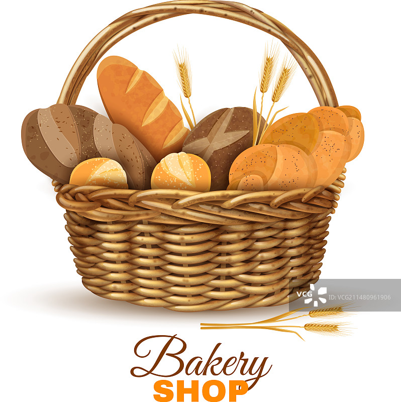 装满面包的逼真面包篮图片素材