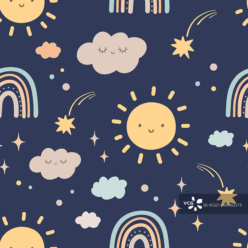 深蓝色背景上的波西米亚婴儿图案图片素材