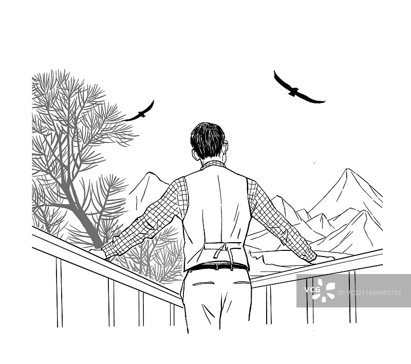 自然背影人物放松旅行户外度假休闲一个人看风景山川树木黑白插图配图图片素材
