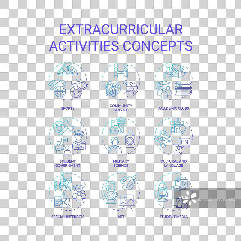代表课外活动的渐变2.5D图标合集图片素材
