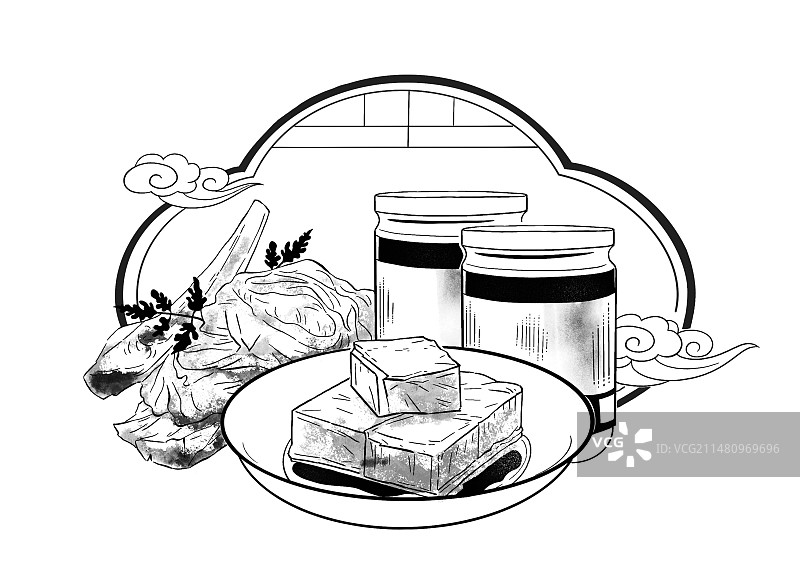 美食豆腐乳羊肉国风黑白插图手绘图片素材
